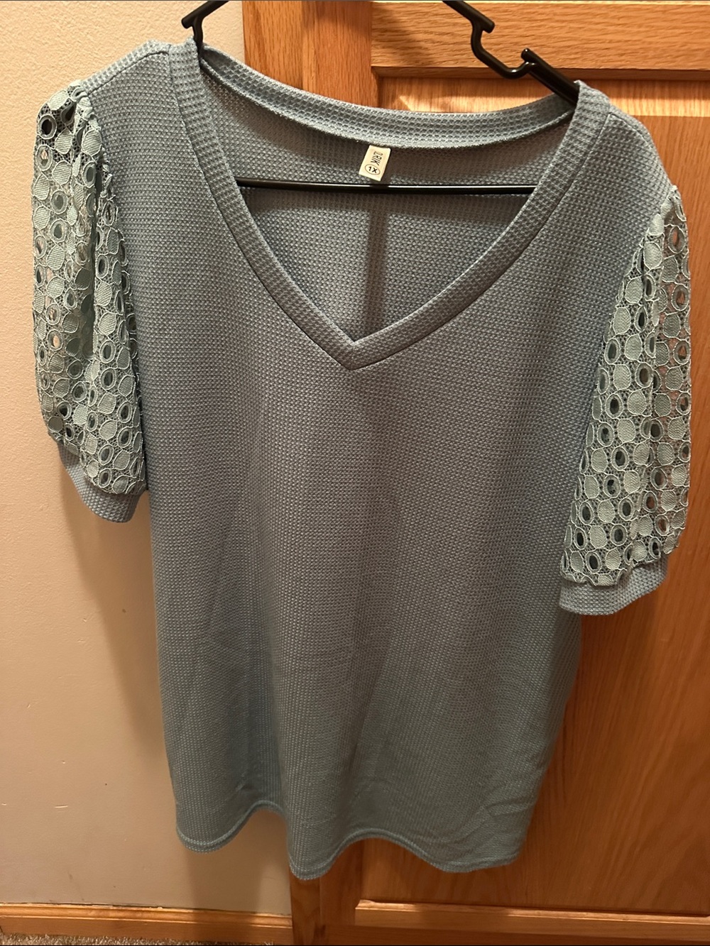 Lace Sleeve V-Neck Knit Top - Light Blue